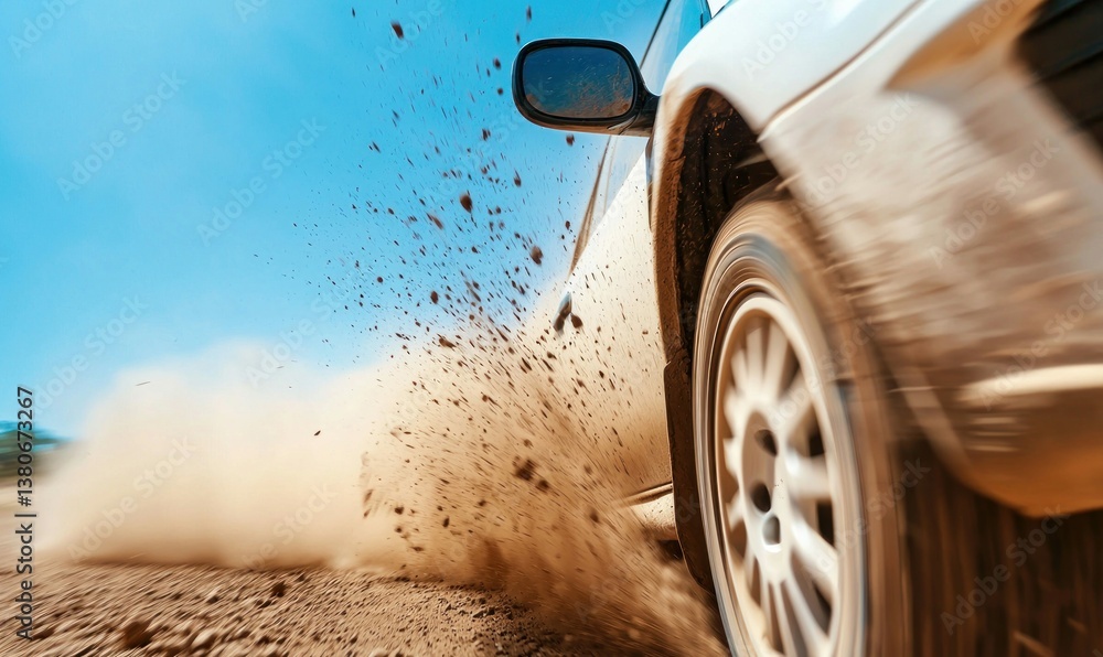 An off-road vehicle kicks up a cloud of dust while speeding down a dirt track.