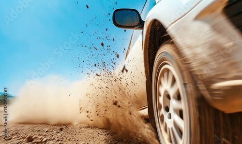 Obraz na płótnie An off-road vehicle kicks up a cloud of dust while speeding down a dirt track. w salonie