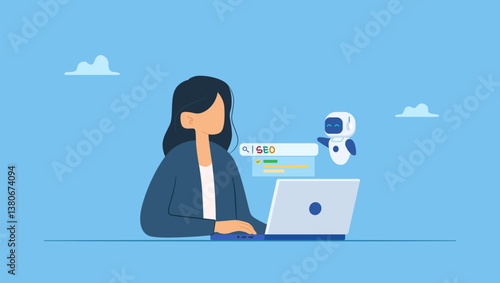 Businesswoman working on laptop using artificial intelligence generative tools for searching or browsing internet. Integrating with robot. SEO concept