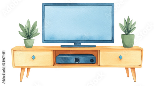 Minimalist television positioned on a wooden stand enhancing a modern living room with artistic watercolor touch