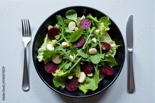 Overhead view of a vibrant beetroot and arugula salad served on a black plate with a fork and knife.