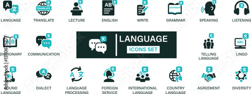 Language icon set collection. Translate, lecture, English, write, grammar, speaking, listening, dictionary, communication, dialect and best solid icon set.