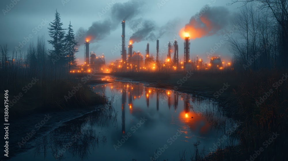 Fototapeta premium Factory reflects in water, smoke stacks ablaze against a grey, misty sky