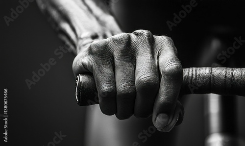 A close-up monochrome photo showcases a hand holding a bike handlebar with a strong grip.