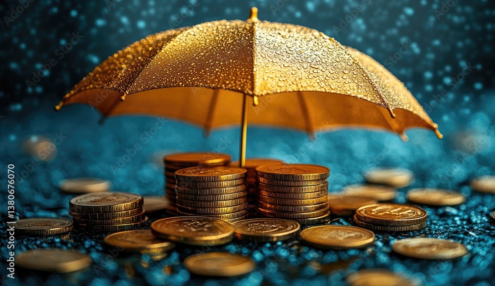 custom made wallpaper toronto digitalGolden Umbrella Protecting Stacks of Coins on Blue Background