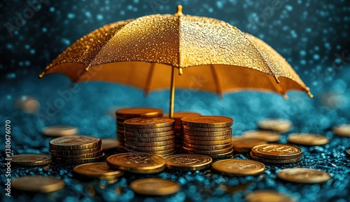 Wallpaper Mural Golden Umbrella Protecting Stacks of Coins on Blue Background Torontodigital.ca