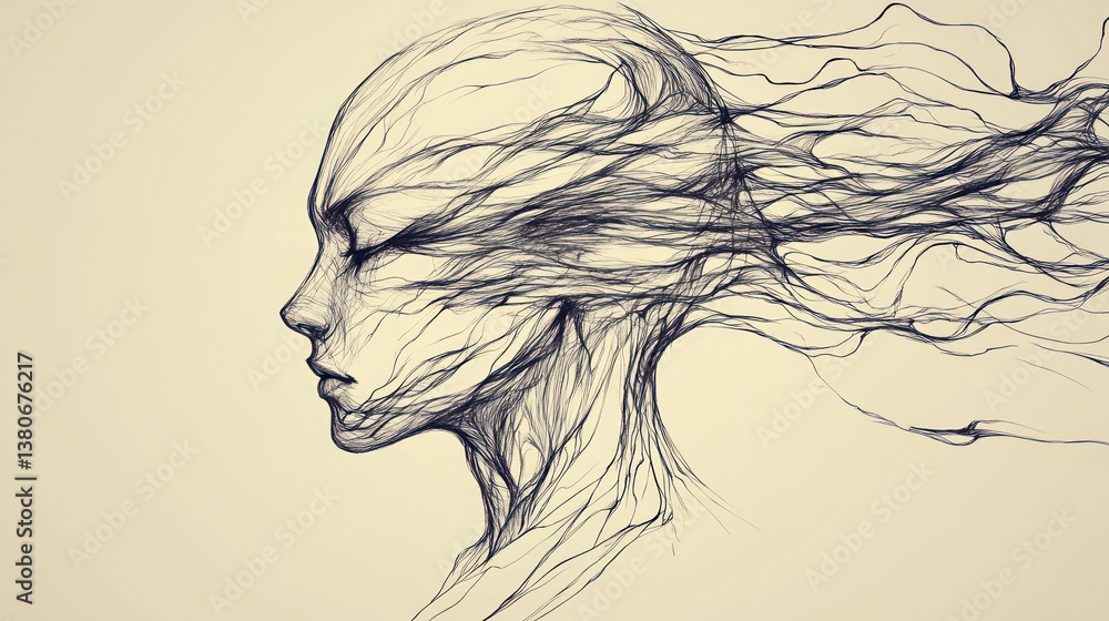 Abstract profile, ethereal lines, beige background, mind Abstract profile, ethereal lines, beige background, mind
