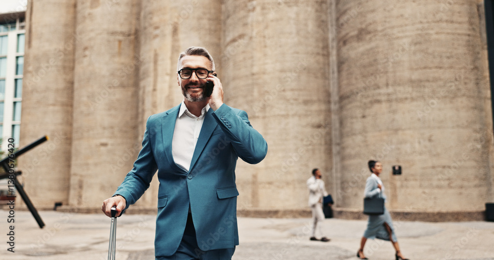 Obraz premium City, phone call and businessman with suitcase for travel, news or international investment deal. Outdoor, luggage and talking on mobile with happy mature manager for financial offer, trip or journey