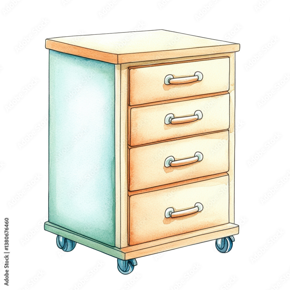 Detailed watercolor illustration of a drawer on a carton representing rolling office drawers in artistic style Detailed watercolor illustration of a drawer on a carton representing rolling office drawers in artistic style