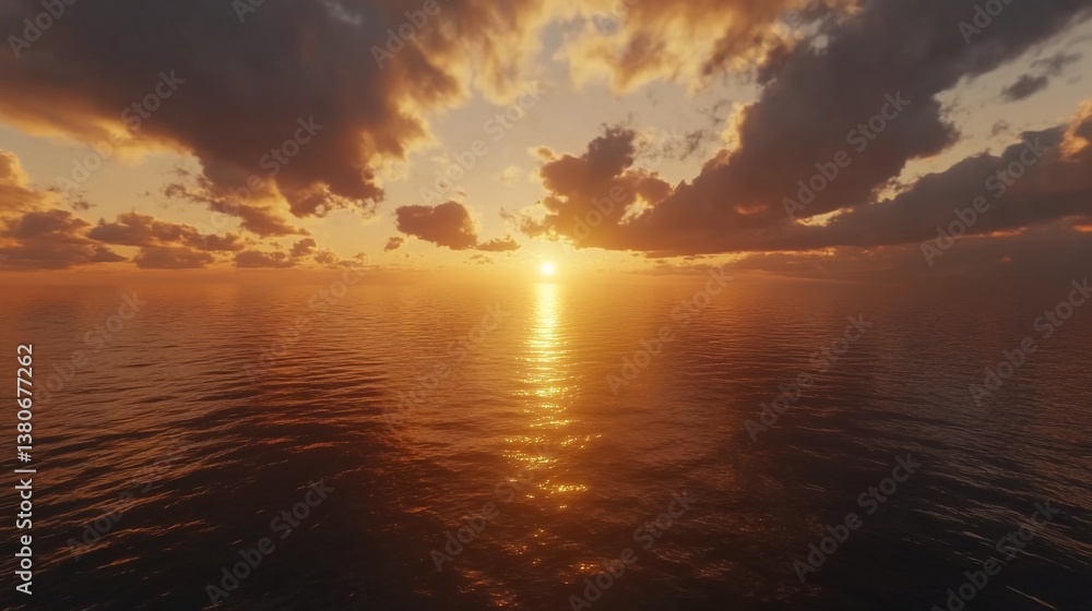 Obraz premium Golden sunset over calm ocean with orange sky and dark clouds horizon view