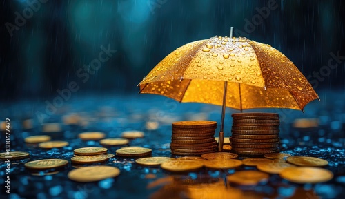 Golden Umbrella Protecting Coins from Rain at Night
