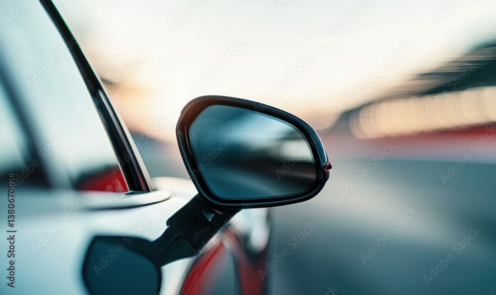 A car's side mirror captures the blurred scene of fast-paced driving, showing movement and speed. A car's side mirror captures the blurred scene of fast-paced driving, showing movement and speed.