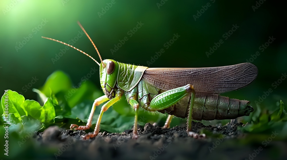 Close-Up Of A Green Grasshopper Among Leaves In A Lush Natural Environment Close-Up Of A Green Grasshopper Among Leaves In A Lush Natural Environment