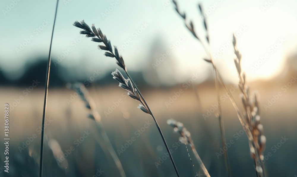Close-up shot of delicate grass against a soft, blurred background of the setting sun. Close-up shot of delicate grass against a soft, blurred background of the setting sun.