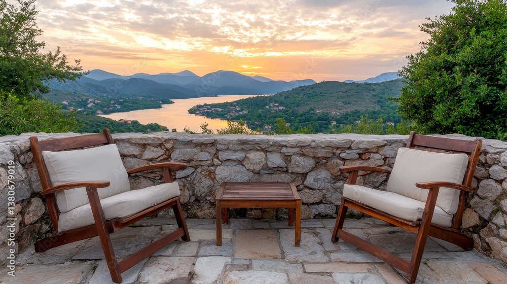Tranquil Outdoor View with Chairs and Sunset over Serene Landscape Tranquil Outdoor View with Chairs and Sunset over Serene Landscape