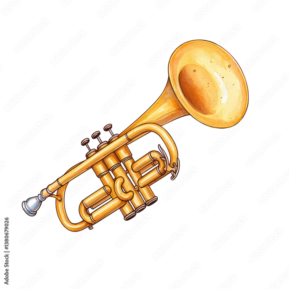 Obraz premium A stunning watercolor illustration of a trumpet showcasing the instrument in a captivating solo performance