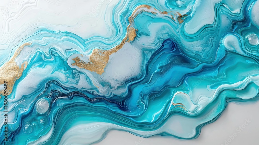Fototapeta premium Abstract Ocean Waves: Teal, Gold, and White Swirls of Liquid Acrylic