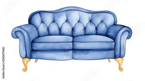 A charming watercolor illustration of a luxurious blue tufted velvet sofa perfect for stylish home interiors