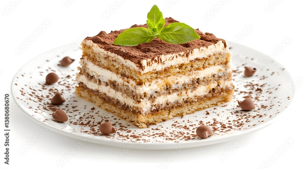 Delicious Layered Tiramisu Dessert With Chocolate Garnish And Fresh Mint Leaf On Plate Delicious Layered Tiramisu Dessert With Chocolate Garnish And Fresh Mint Leaf On Plate