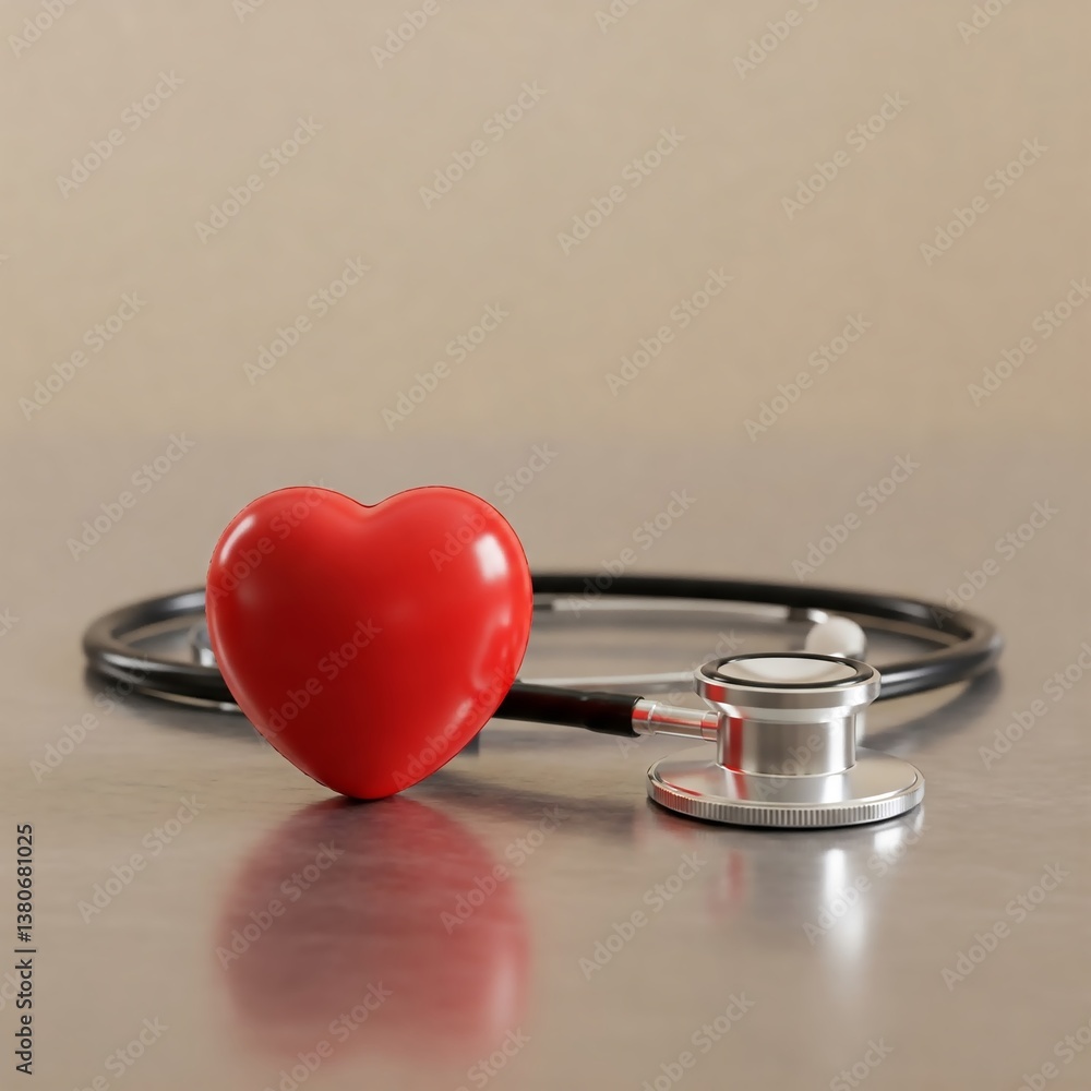 A red heart symbol with a stethoscope on a metallic surface, representing heart health, medical care, and cardiology concepts. 1:1 image format, premium lighting, soft reflections.