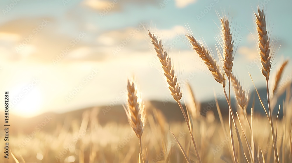 Fototapeta premium Golden Wheat Field Bathed in Warm Sunlight During Sunset in a Rural Landscape