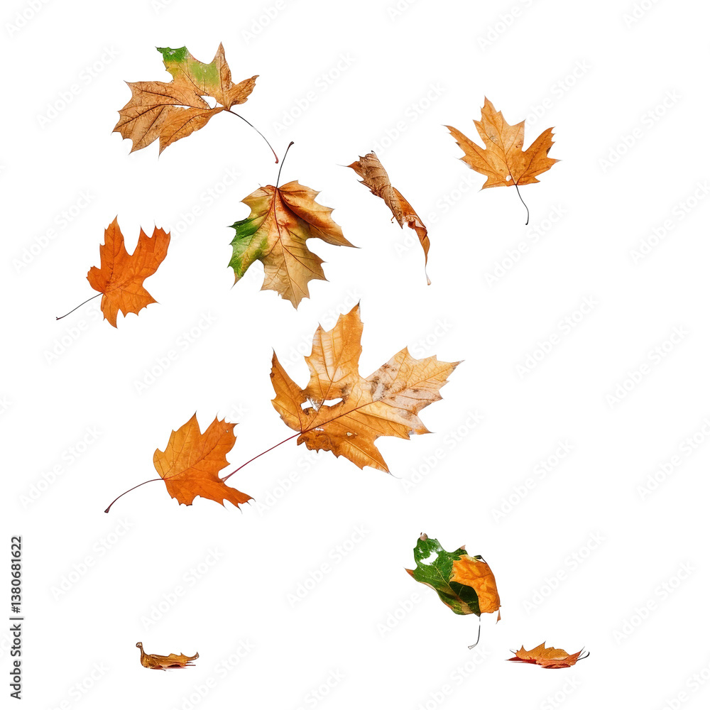 Fototapeta premium Colorful Autumn Leaves Falling Against a Transparent Background in a Seasonal Nature Design