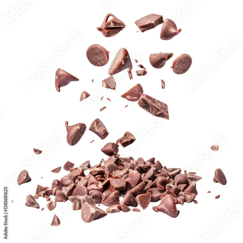 Melting Chocolate Chips Falling in Motion Against a Transparent Background