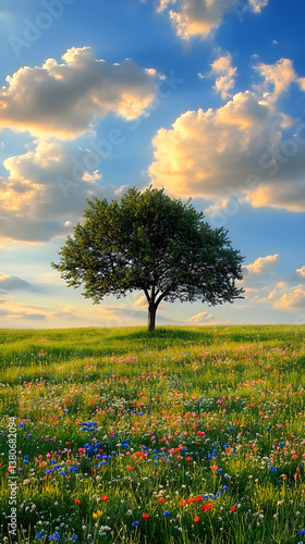 Wallpaper Mural Solitary Tree's Resilience under Expansive Sky with Blossoming Wildflowers Torontodigital.ca