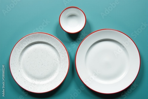 Overhead shot of a set of empty white enamel plates and bowl with a red rim on a teal background.