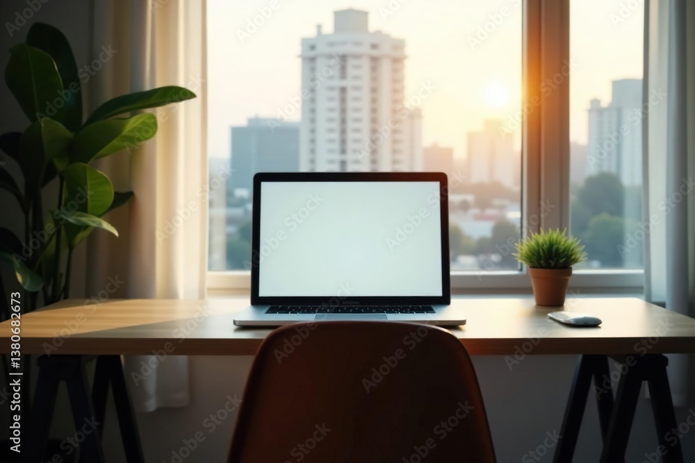 Fototapeta premium Empty chair at desk facing window, laptop screen , vacant, digital, bright