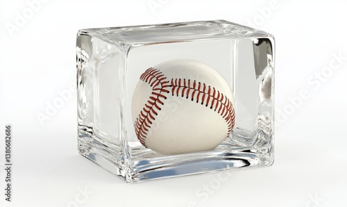 Frozen Baseball in Ice Cube on White Background