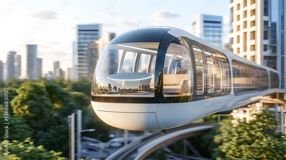 Naklejka premium Futuristic Automated Train Gliding Through A Modern Urban Landscape With Lush Greenery