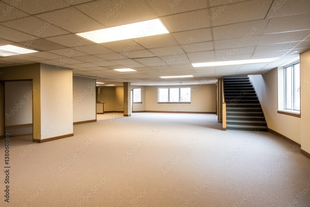 A spacious empty room interior features stairs and carpet floors A spacious empty room interior features stairs and carpet floors