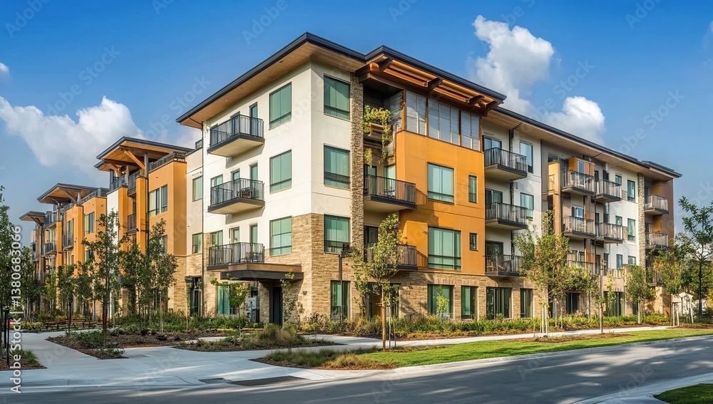 Fototapeta premium Modern Apartment Building Design: Luxury Residences with Balconies and Landscaped Grounds, Stylish Architecture Showcases Innovative Urban Living