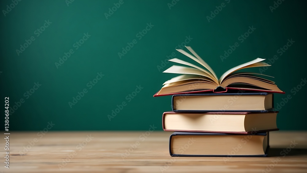 Fototapeta premium Open book on a stack of books inviting reading against a green background with warm lighting and