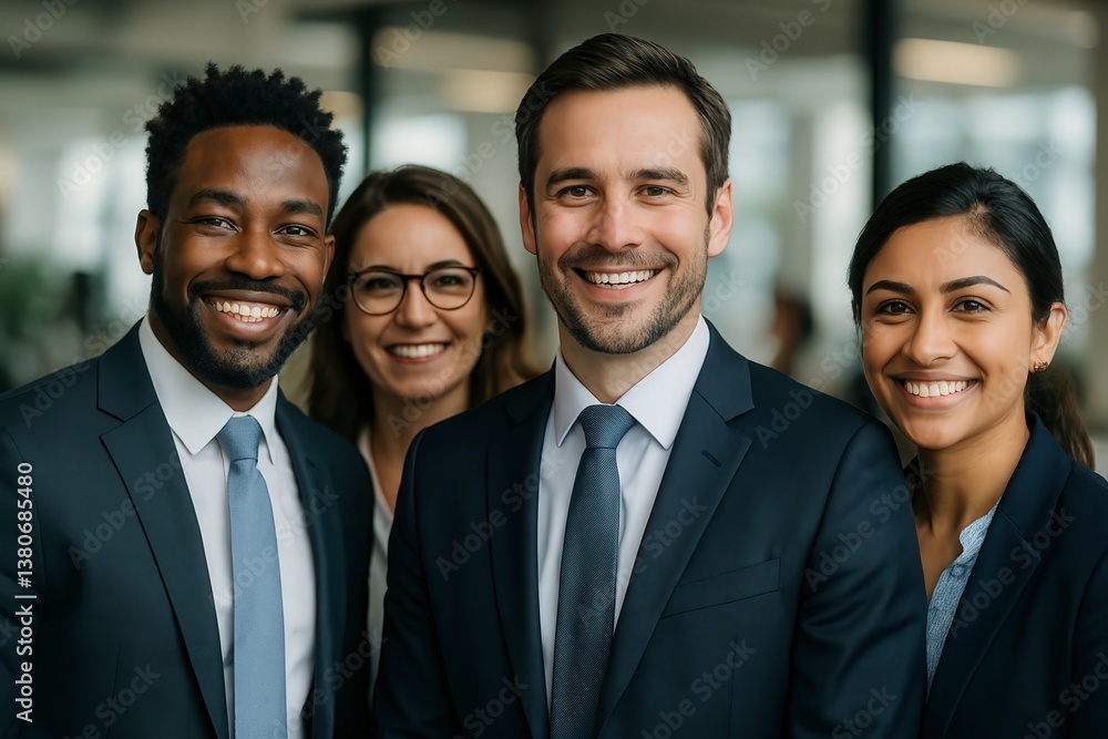 A group of four diverse professionals stands together in a contemporary office, sharing smiles and showcasing camaraderie during a lively afternoon meeting. A group of four diverse professionals stands together in a contemporary office, sharing smiles and showcasing camaraderie during a lively afternoon meeting.