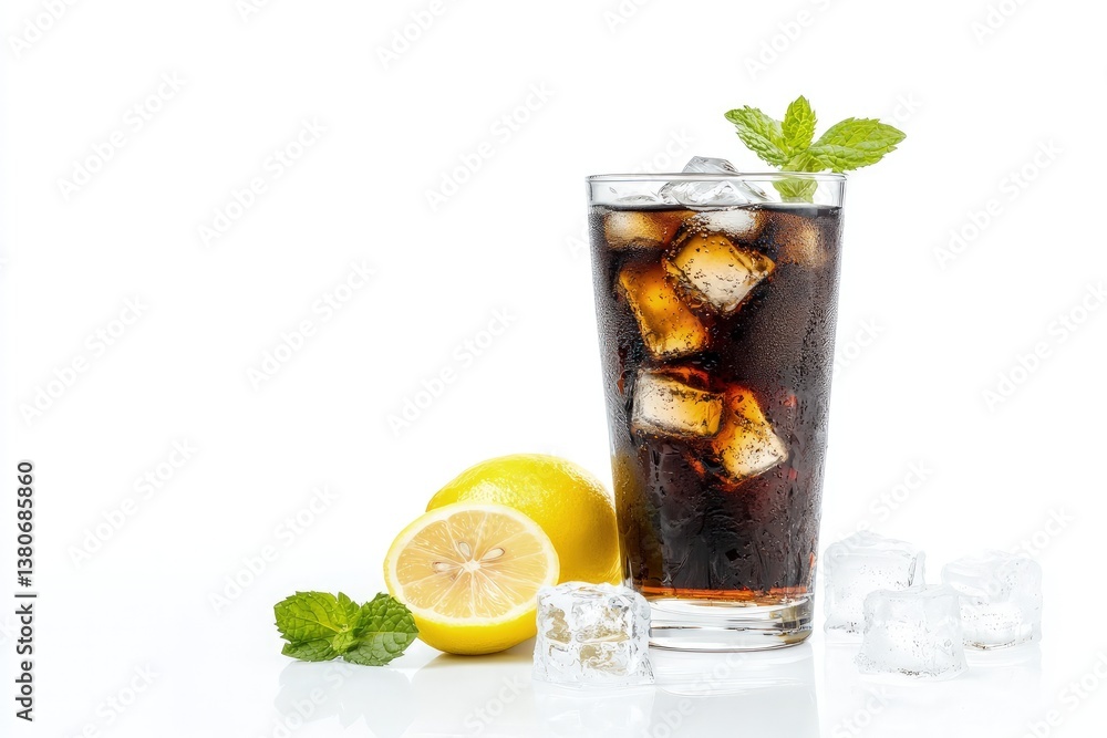 Fototapeta premium Tall glass of iced cola with mint and lemon beside ice cubes and fresh lemons on white. Ideal for beverage ads, product packaging, and summer-themed drink menus