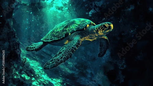 Bioluminescent sea turtle gracefully swimming in vibrant, otherworldly deep ocean landscape