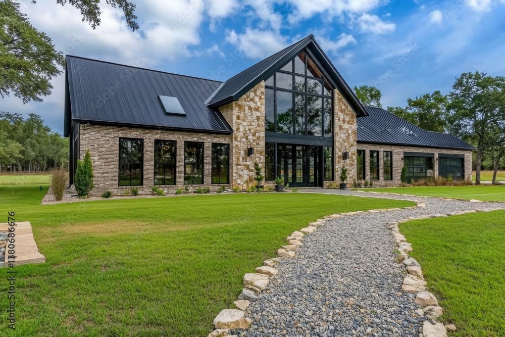 Obraz premium A contemporary countryside residence featuring large, expansive glass windows, beautifully surrounded by vibrant, lush greenery during daylight hours