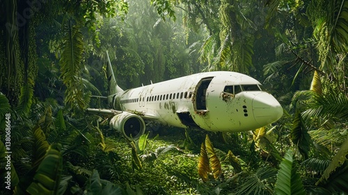 Wallpaper Mural A deserted airplane sits amidst vibrant green jungle plants, depicting nature's reclaim. Torontodigital.ca