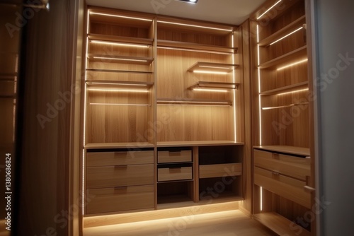 A modern built in wooden closet with illuminated shelves and drawers