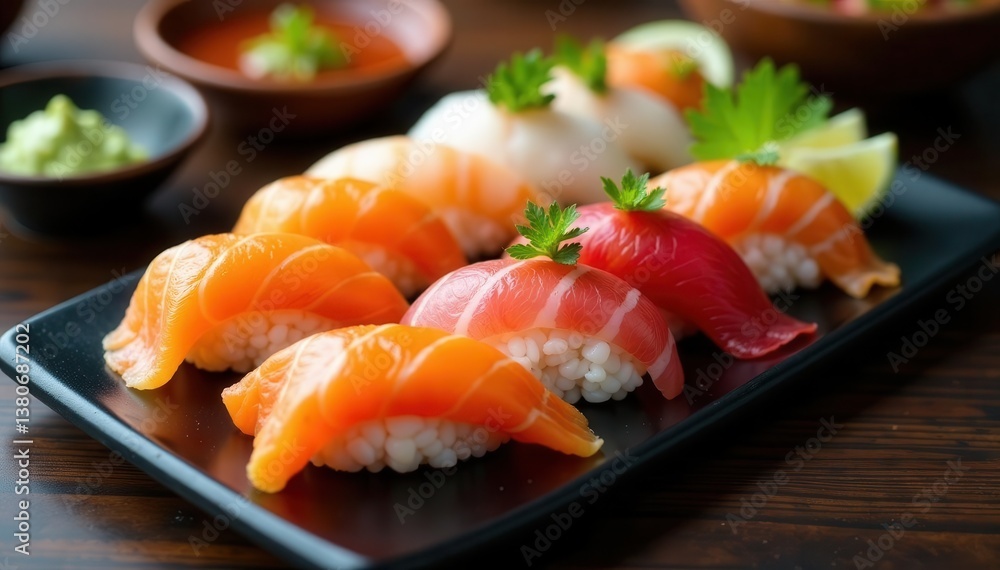 A table laden with colorful sushi, tempura, and sashimi , restaurant, traditional, meal A table laden with colorful sushi, tempura, and sashimi , restaurant, traditional, meal