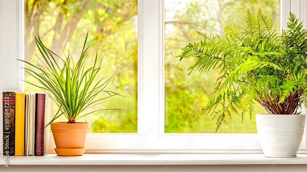 Potted Plants on a Sunny Windowsill Bathed in Natural Light Surrounded by Lush Greenery Potted Plants on a Sunny Windowsill Bathed in Natural Light Surrounded by Lush Greenery