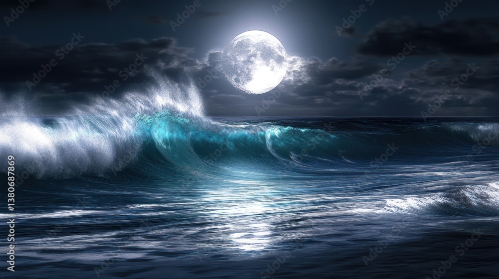 Fototapeta premium Moonlight waves crashing on a dark ocean