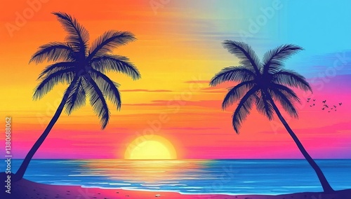 Vibrant Sunset Beach Scene  Palm Trees Silhouette at Ocean  Colorful Sky  Tranquil View