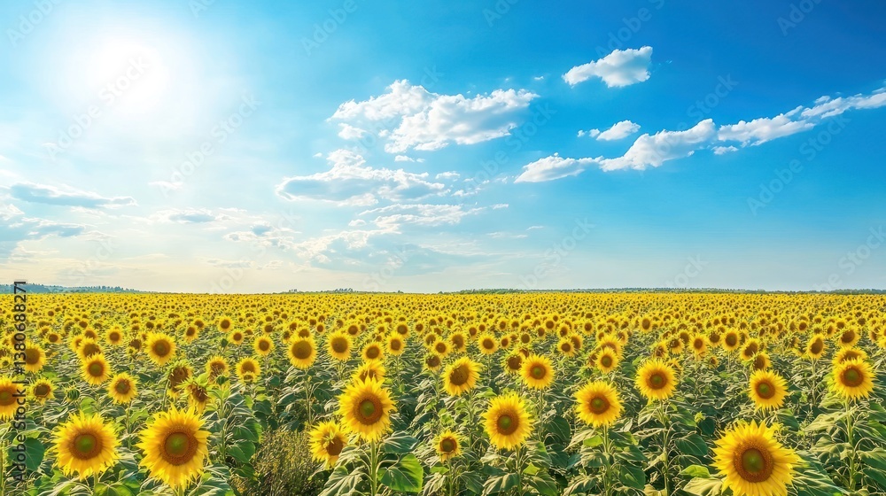 Obraz premium Radiant Sunflowers Stretching Towards the Horizon Under a Clear Blue Sky