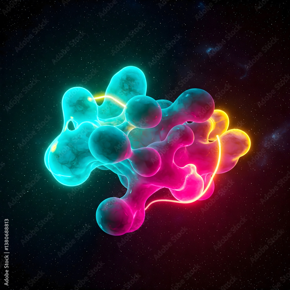 Obraz premium A glowing, abstract, organic shape with a gradient of cyan to magenta, floating against a dark, starry background