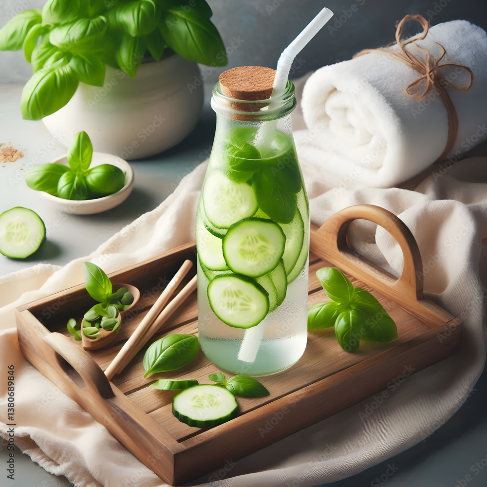 A glass bottle filled with cucumber water and basil leaves, with a white straw, on a wooden tray with a white towel and basil plant A glass bottle filled with cucumber water and basil leaves, with a white straw, on a wooden tray with a white towel and basil plant