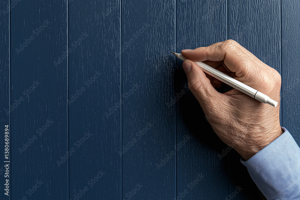 person holding pen against textured blue wall, ready to write or draw. image conveys sense of creativity and focus
