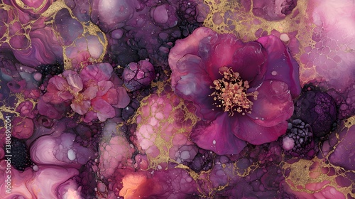 Abstract Floral Composition Featuring Purple Flowers and Gold Accents on a Colorful Background